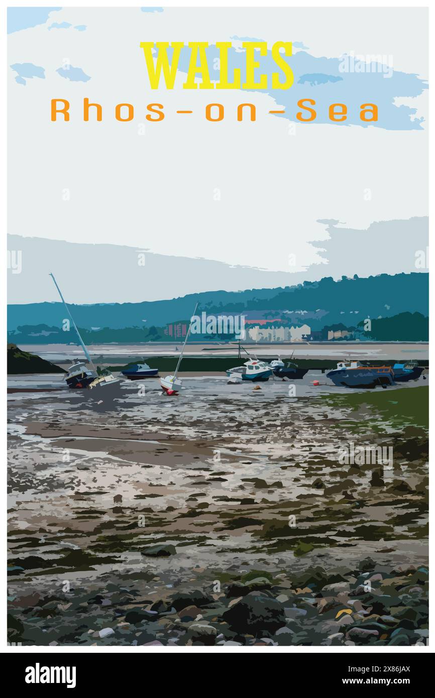 WPA inspired retro travel poster of small boats moored in the harbour at Rhos-on-Sea, Wales, Uk at low tide. Stock Vector