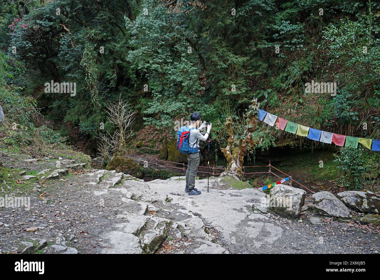 A Man taking a photo of colorful prayer flags along trekking pathway to Annapurna Himalayan range- Nepal Stock Photo