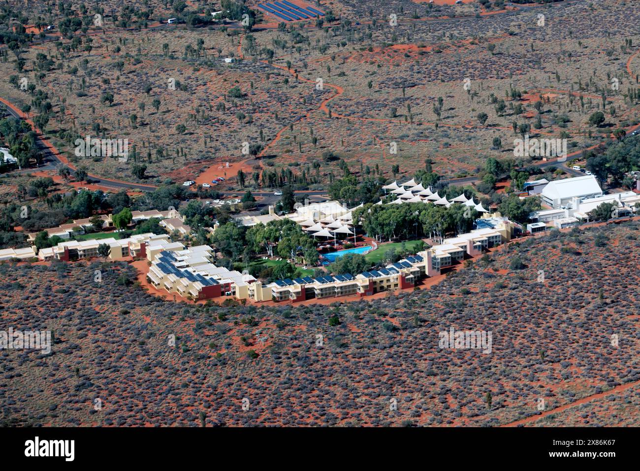 Close-up Aerial view of Yulara showing the hotel complex Stock Photo ...