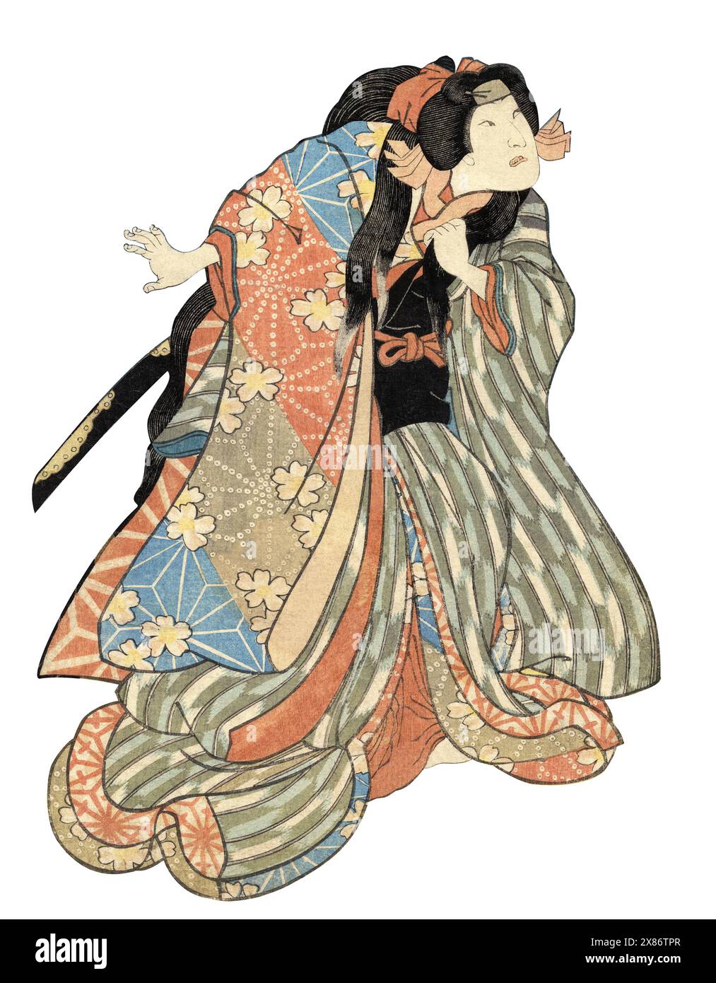 Traditional Japanese Woodblock print of an actor in an expressive and dramatic role with sword on back part of a Kabuki play on a white background Stock Photo