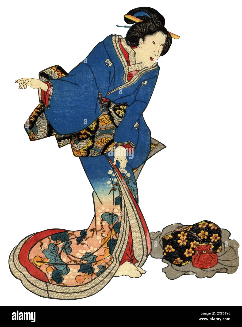 Traditional Woodblock print of a standing beauty Geisha girl in Kimono ...