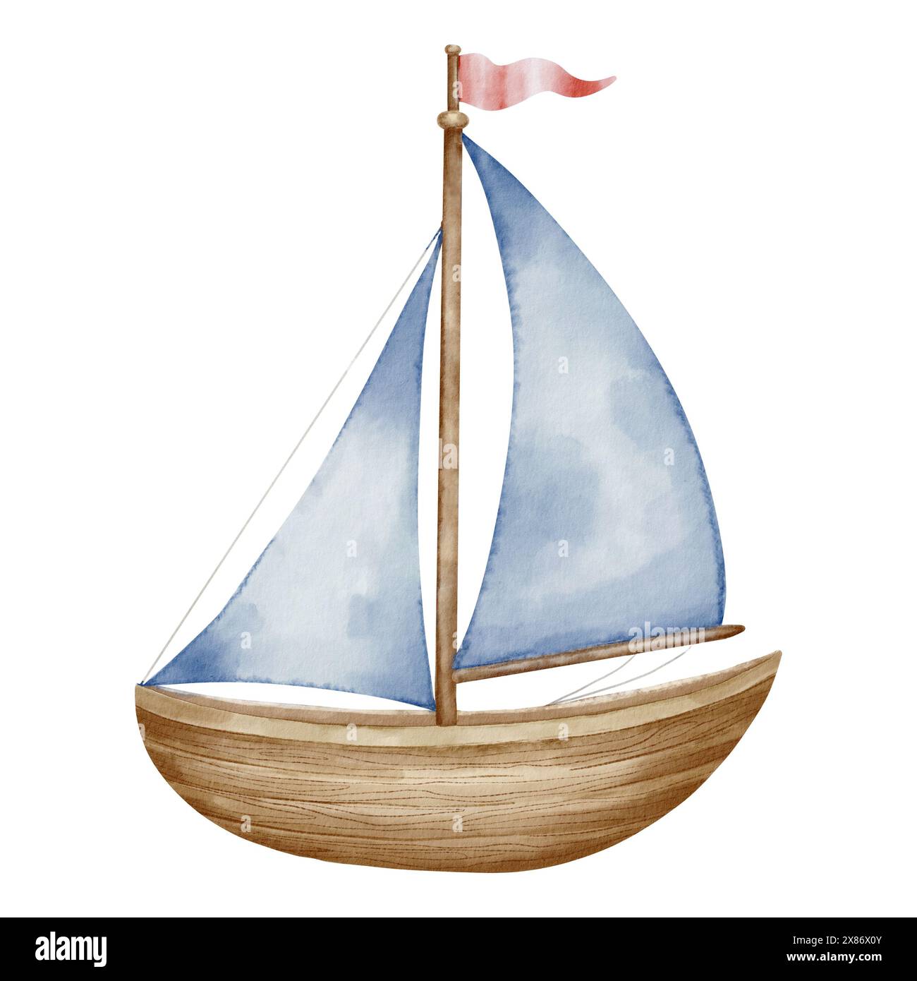 Sailboat watercolor illustration. Drawing of sailing ship in pastel colors for Baby shower design on isolated background. Sketch of Boat or Yacht for childish design in nautical style. Colorful Sailer Stock Photo