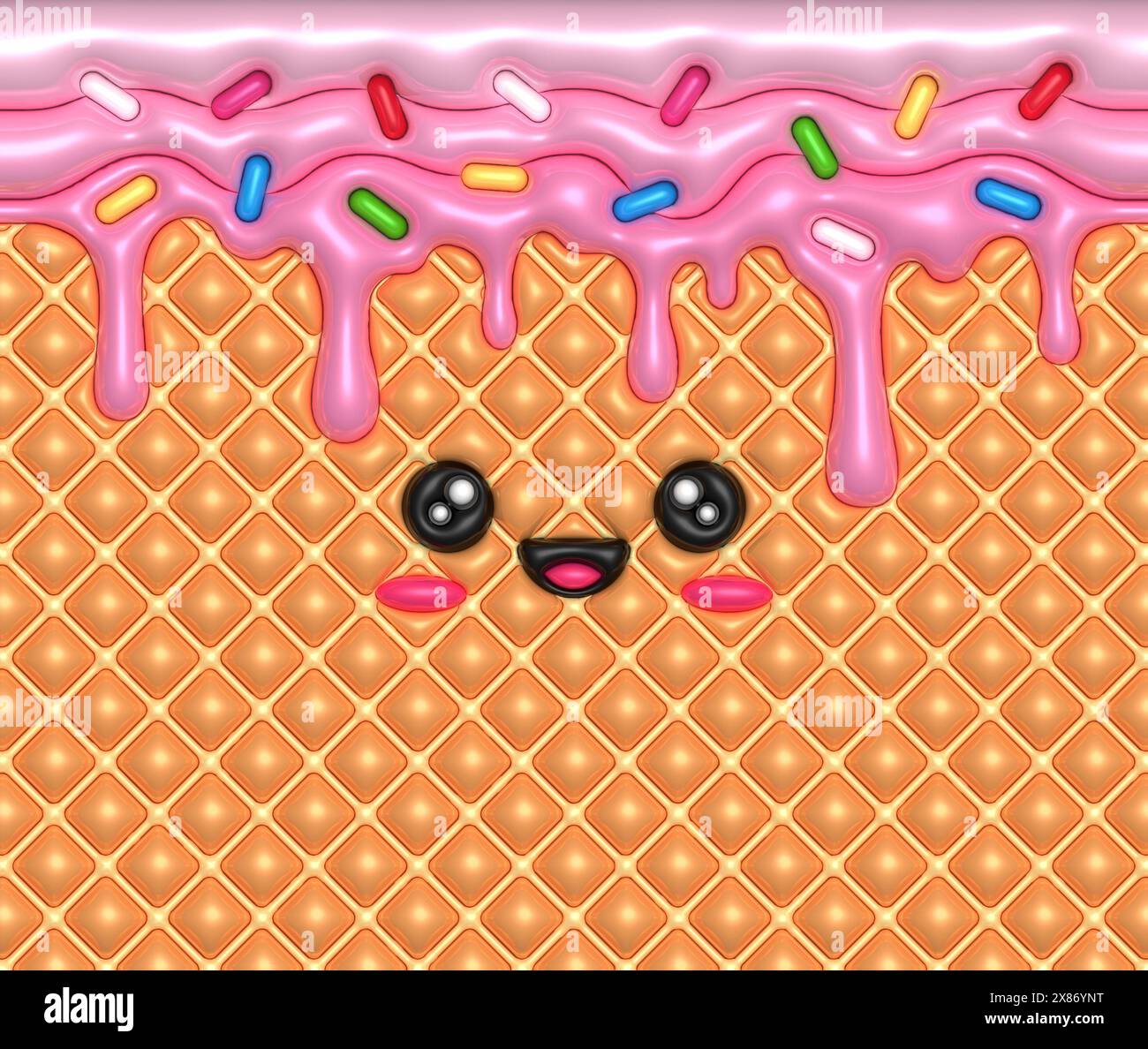 Funny Kawaii pink donut ice cream illustration. 3D Inflated puffy illustration. Stock Photo