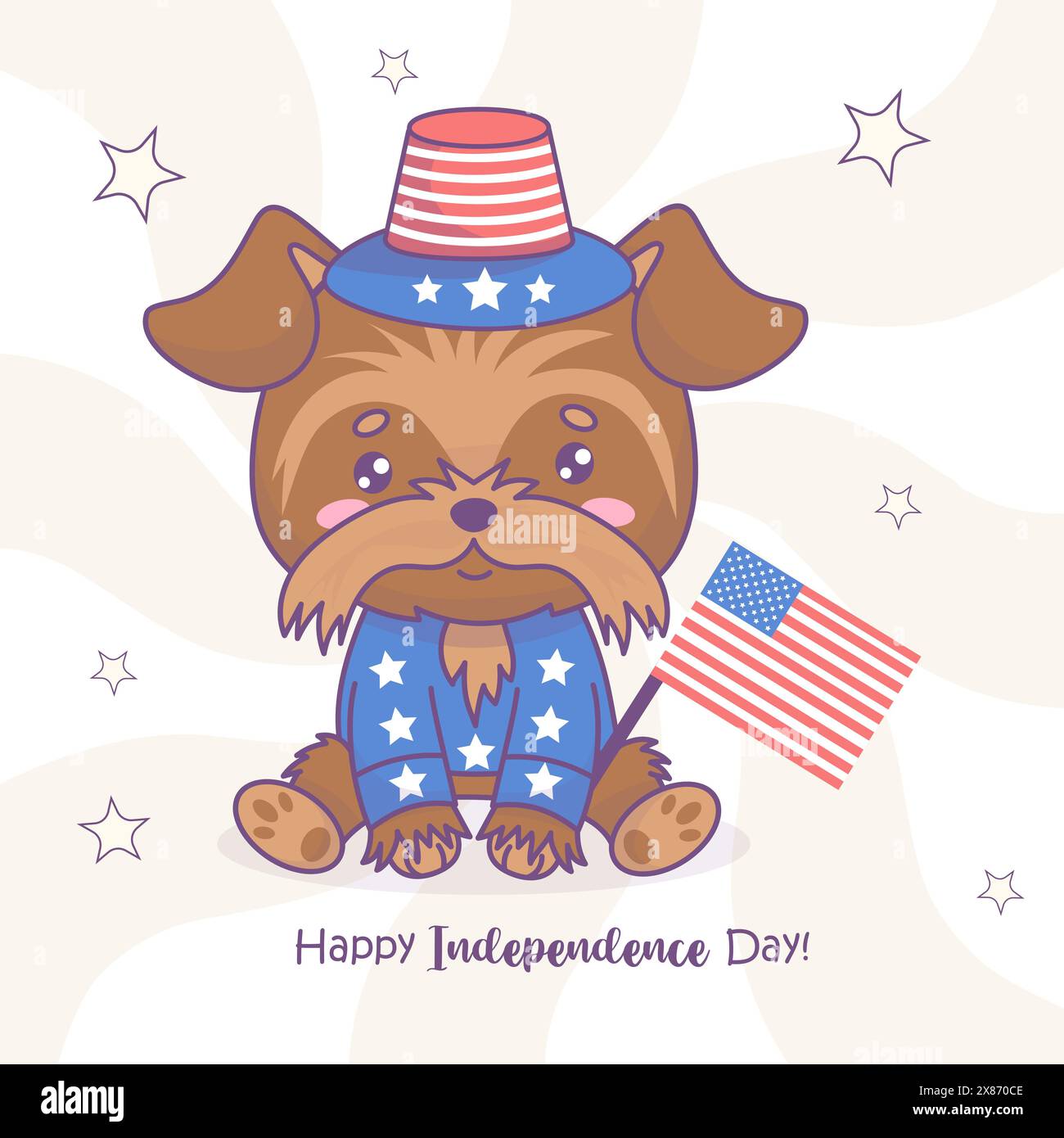 Festive pet. Dog Yorkshire Terrier in party hat and clothes with American flag. Cute cartoon patriotic animal character. Holiday Fourth of July Americ Stock Vector