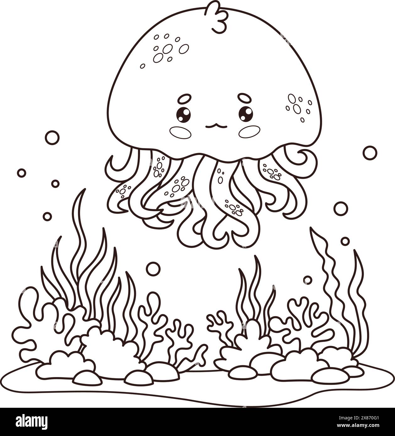 Cute jellyfish with underwater landscape with algae and corals. Outline cartoon kawaii animal character. Line drawing, coloring book. Vector illustrat Stock Vector