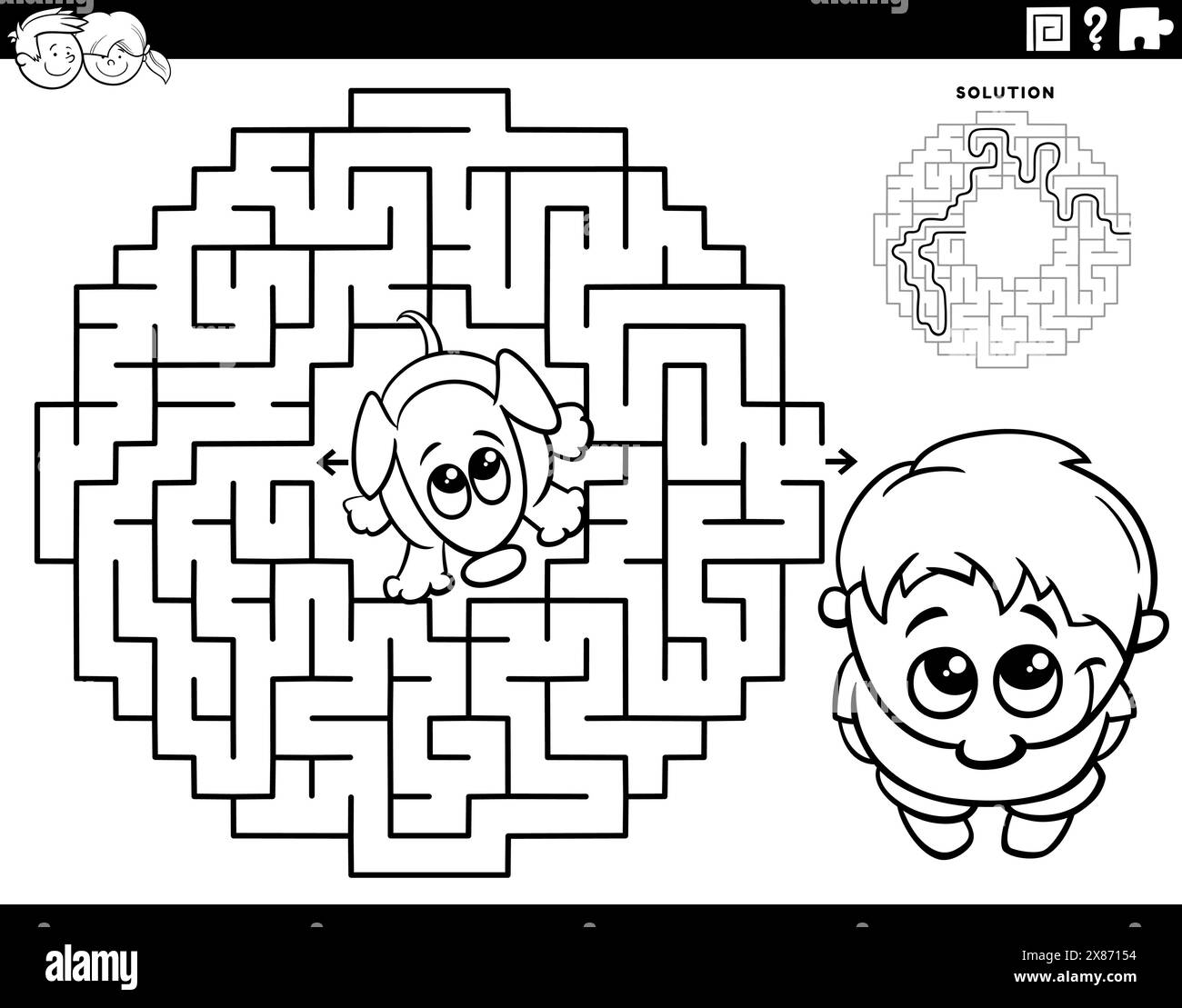 Cartoon illustration of educational maze puzzle game for children with little boy and his puppy coloring page Stock Vector