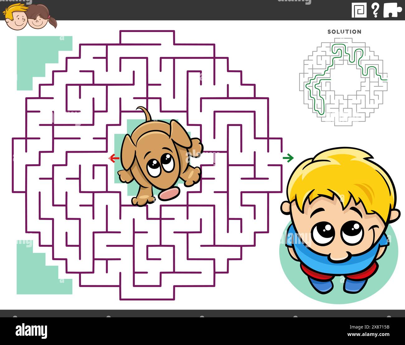 Cartoon illustration of educational maze puzzle game for children with ...