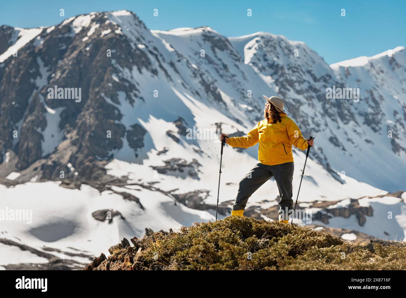 Woman hiker is standing high hiking poles high in mountains against snowy mountains glaciers Stock Photo