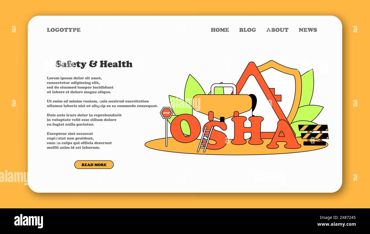 Vector flat OSHA web banner or landing page. Service protecting worker safety hazards at job. Occupational Safety and Health Administration. Labor pro Stock Vector