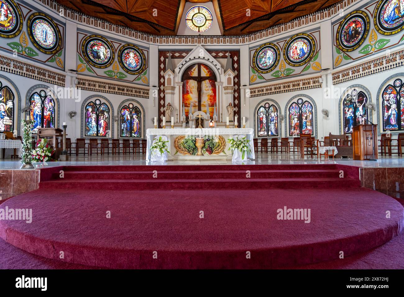 The Immaculate Conception Cathedral interior at Apia Samoa, South Pacific. Stock Photo