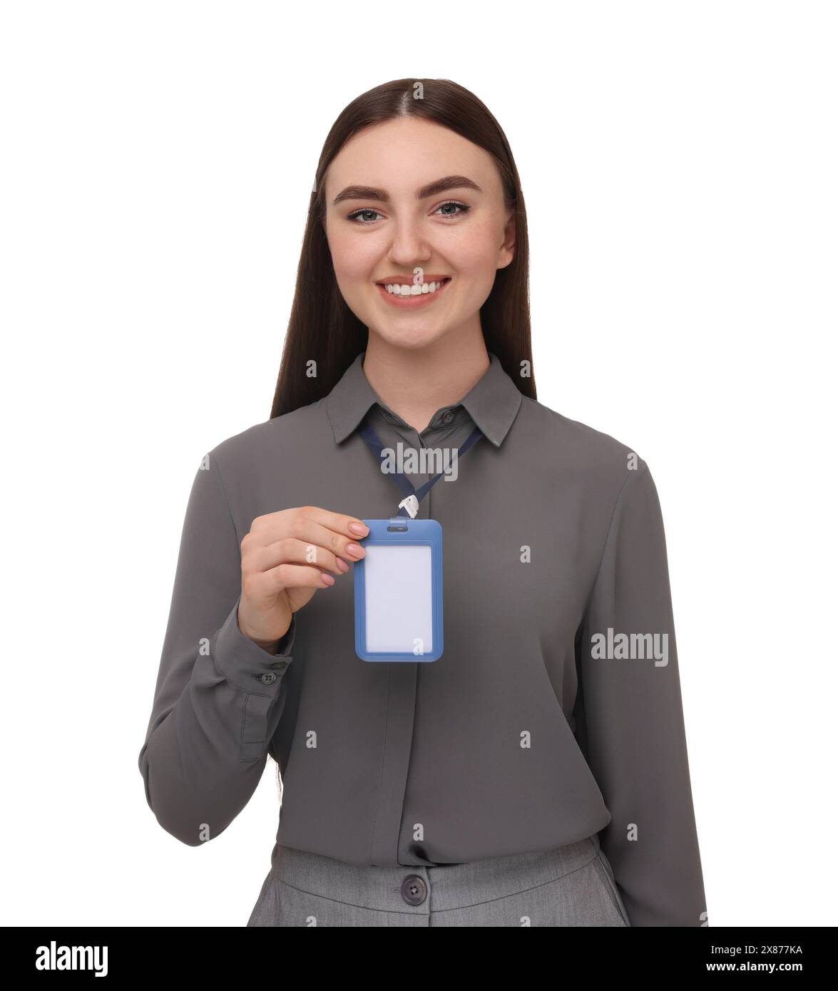 Happy woman with blank badge on white background Stock Photo - Alamy