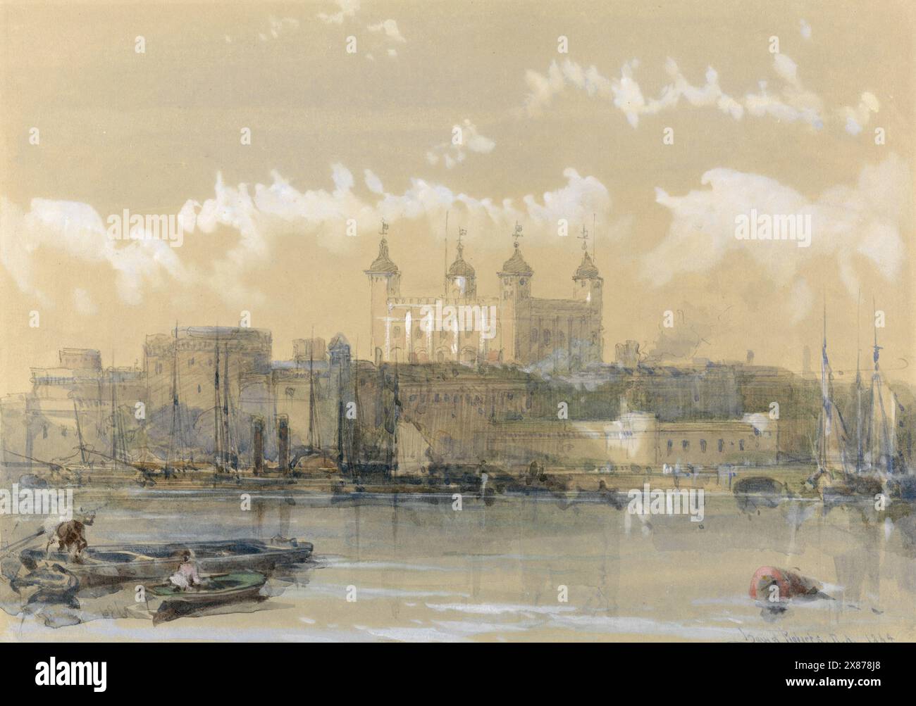 The Tower of London by David Roberts, watercolor, pen and gray ink, graphite, and gouache on beige wove paper, 1864 Stock Photo