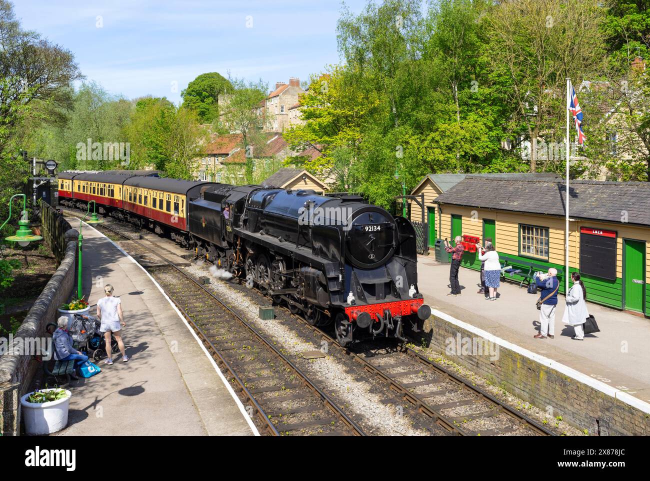 Pickering North Yorkshire Moors Railway steam train 92134 at Pickering station railway station Pickering North Yorkshire England UK GB Europe Stock Photo