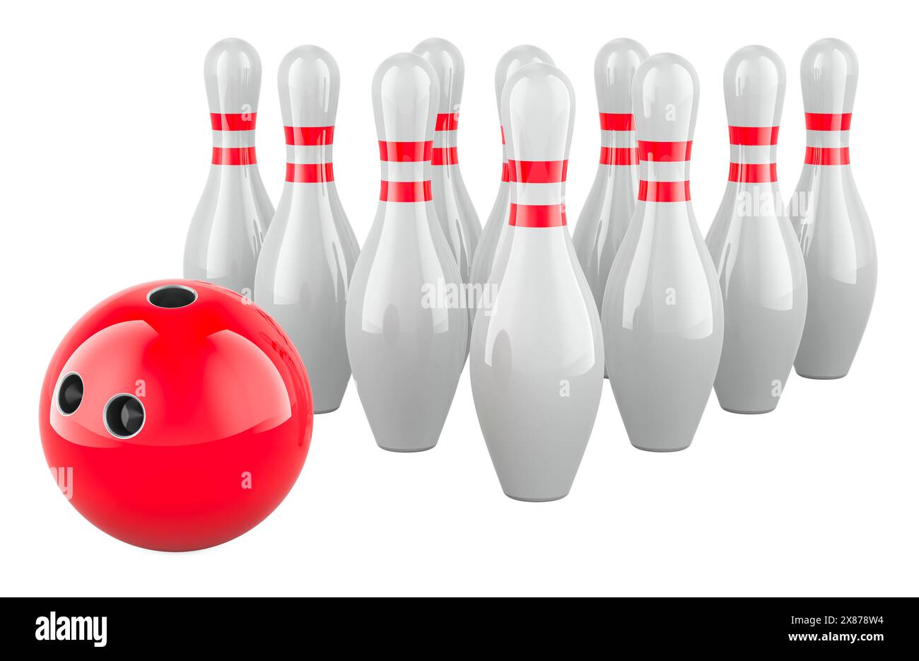Bowling ball and skittles. Set of bowling, 3D rendering isolated on white background Stock Photo