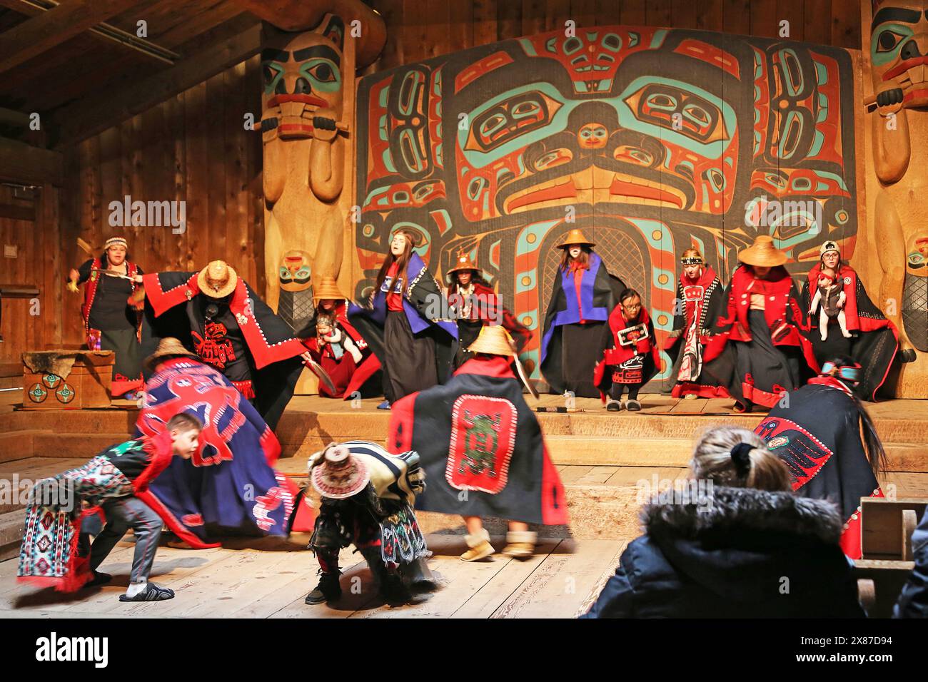 Traditional Tlingit dancing, Beaver Clan House, Saxman Village, Ketchikan, Revillagigedo Island, Alaska, USA, Gulf of Alaska, North America Stock Photo