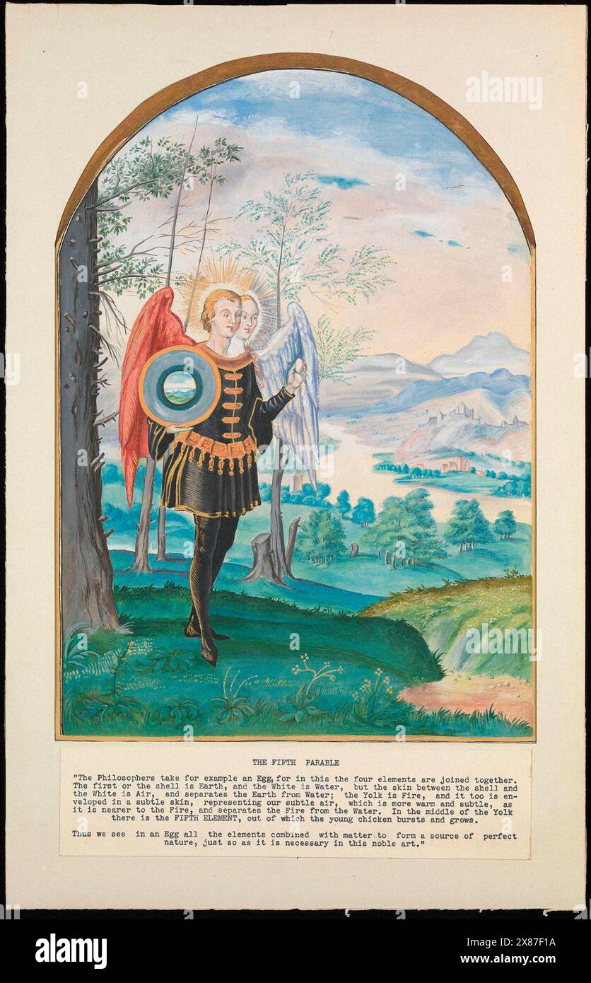 The Hermetic androgyne; representing the stages of the alchemical Work in One. Watercolour painting by E.A. Ibbs. Stock Photo