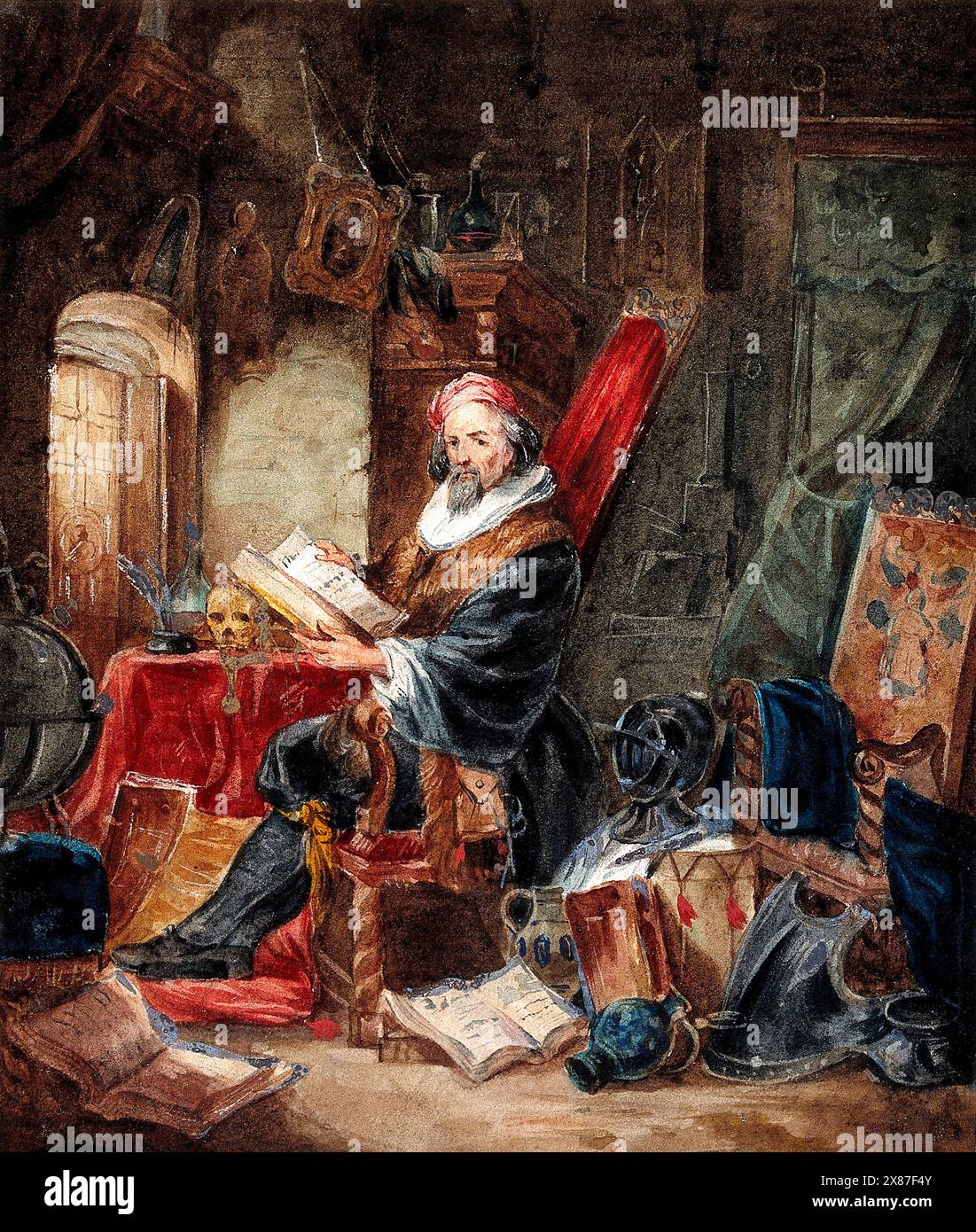An alchemist reading in a romanticised laboratory setting. Watercolour ...