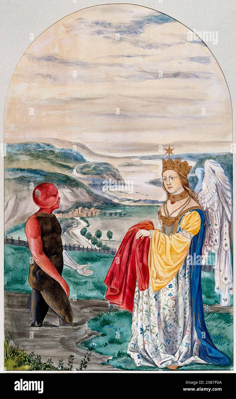 A black man with a red head and right arm emerges from a foul stream into a landscape where a winged woman is waiting for him with a red garment; representing the transformations of the alchemical work from corruption to perfection. Watercolour painting by E.A. Ibbs. Stock Photo