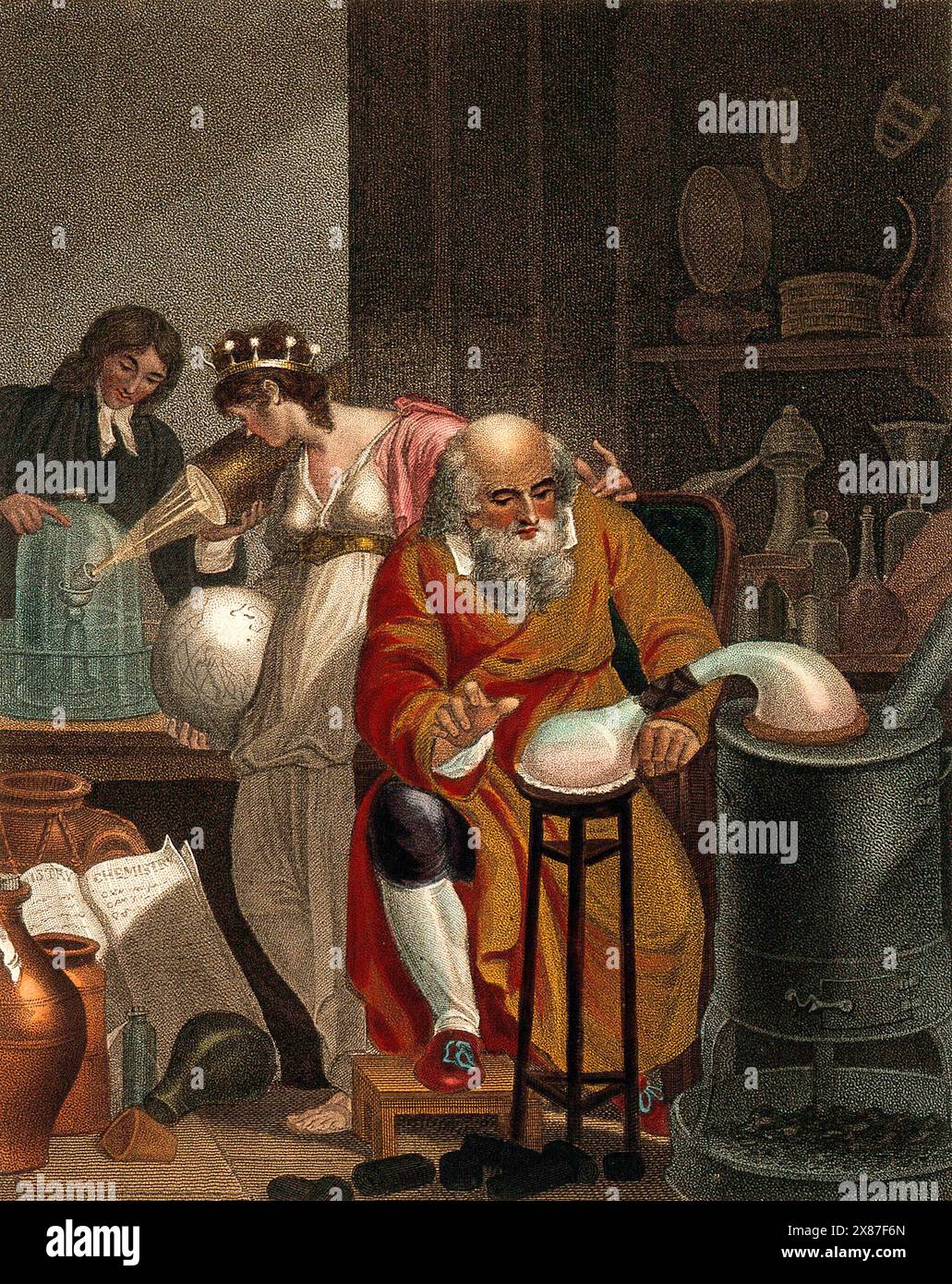 A man conducts an alchemical experiment with an alembic, in the foreground, in the background a female figure representing the world observes a man of the new school of chemistry who prepares an oxygen experiment with a glass jar and a candle: a representation of the historical transition between alchemy and chemistry. Coloured stipple engraving by J. Chapman, 1805 Stock Photo