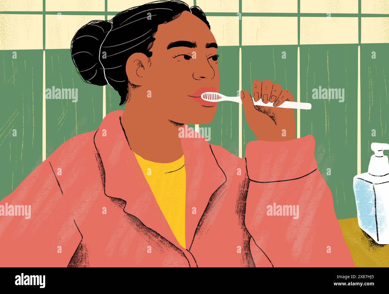 Woman brushing teeth in bathroom Stock Photo