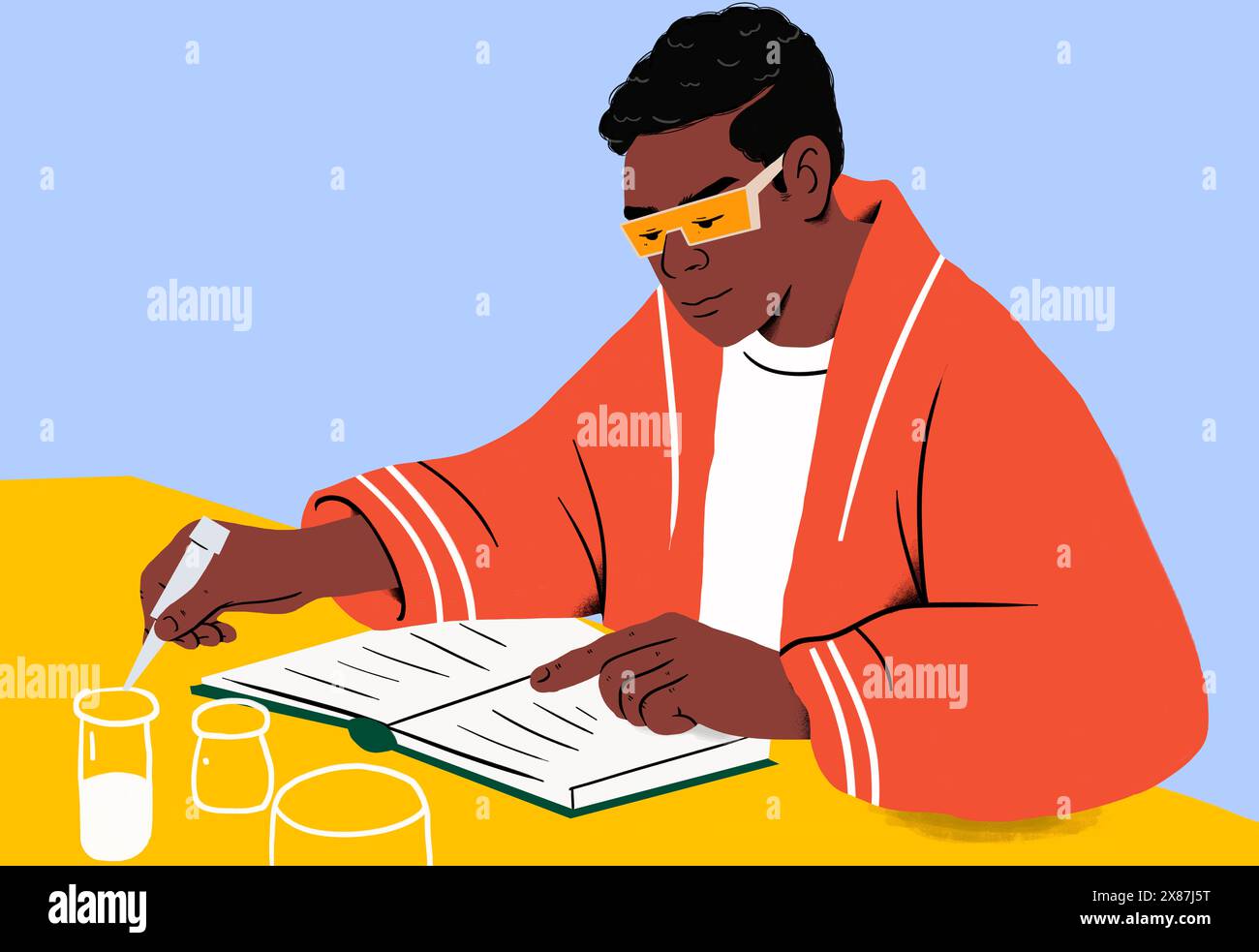 Focused student studying in chemistry lab and reading notebook Stock Photo