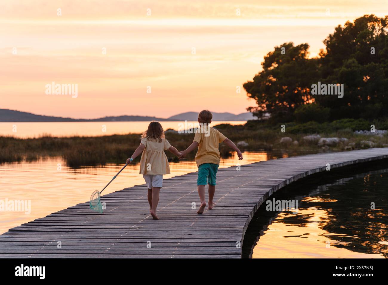 Brother and sister with fishing net running on pier over lake at ...