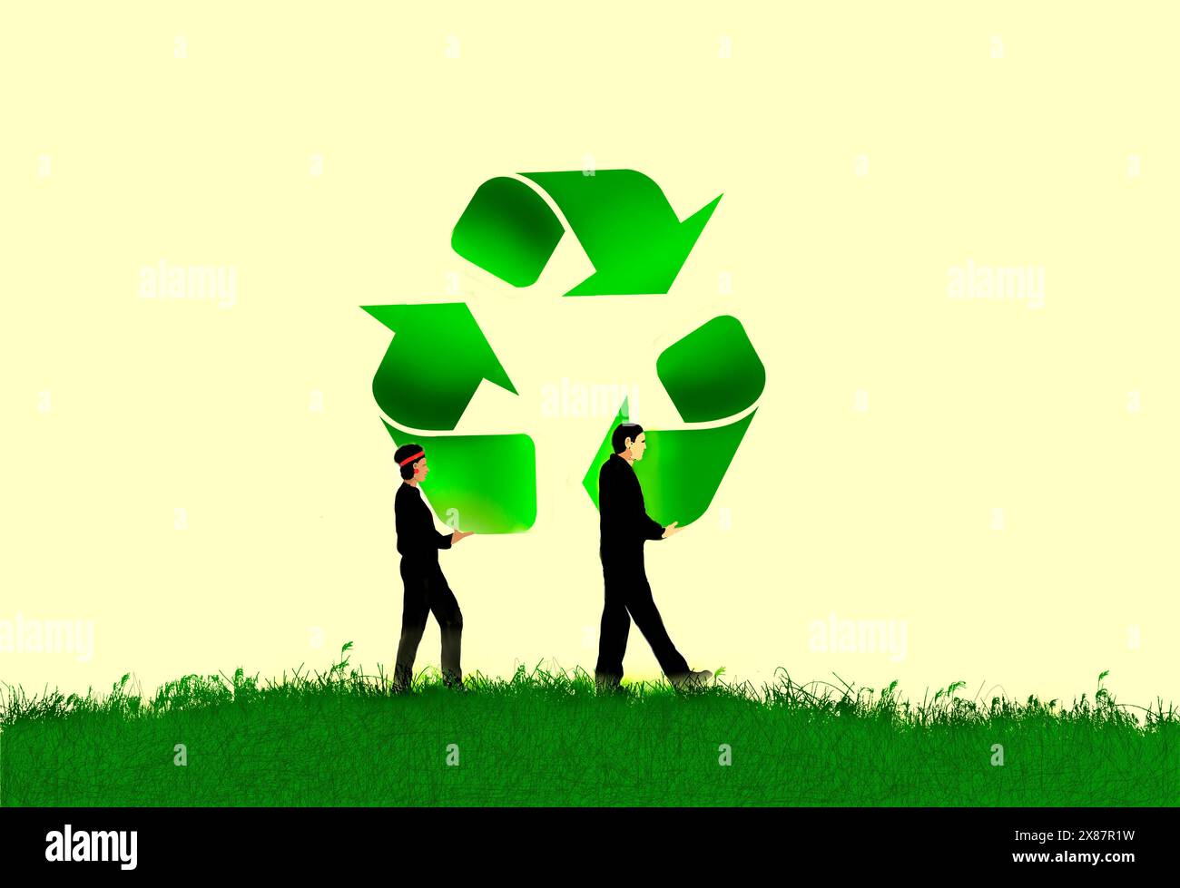 Man and woman carrying large recycling symbol Stock Photo
