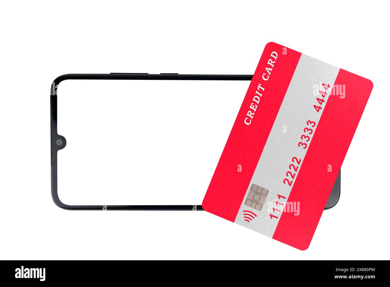 A plastic credit card with the image of the Austrian flag lies on a smartphone with a blank screen (close-up on a white background) Stock Photo