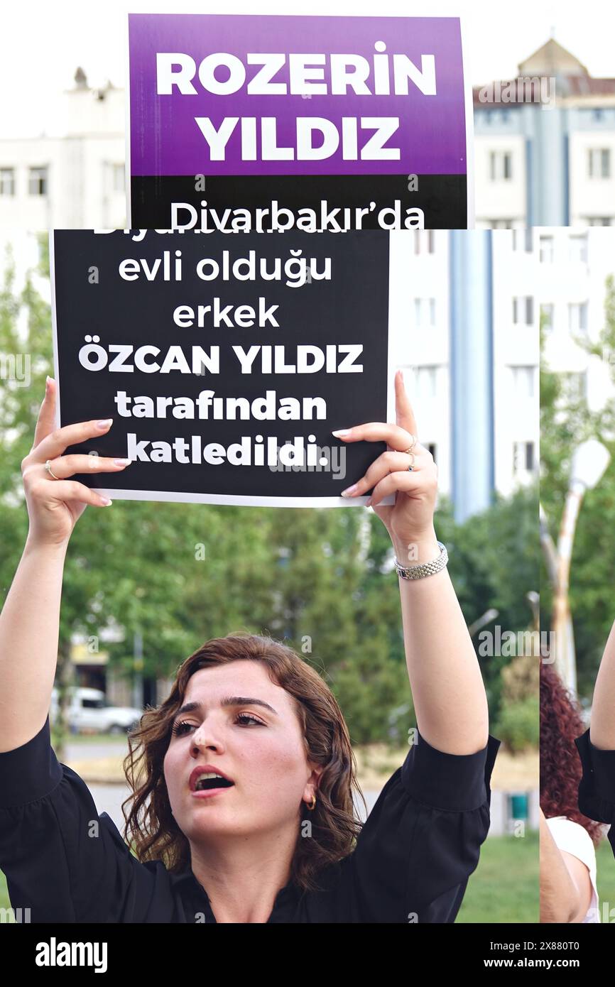 May 23, 2024, Diyarbakir, Turkey: Rosa Women's Association Director Lawyer Berfin Polat seen holding a placard attending the femicide protest. The 30 murders of women that took place in Turkey in the last few months were protested in an action led by the ''Anti-Violence Network'' and ''Dicle Amed Women's Platform Components'' in Diyarbakir. A group of women, including Diyarbakir Metropolitan Municipality Co-Mayor Serra Bucak, gathered in Roboski Park and condemned the murders by carrying posters with the names and photographs of women who were victims of honor killings. According to the ''We W Stock Photo