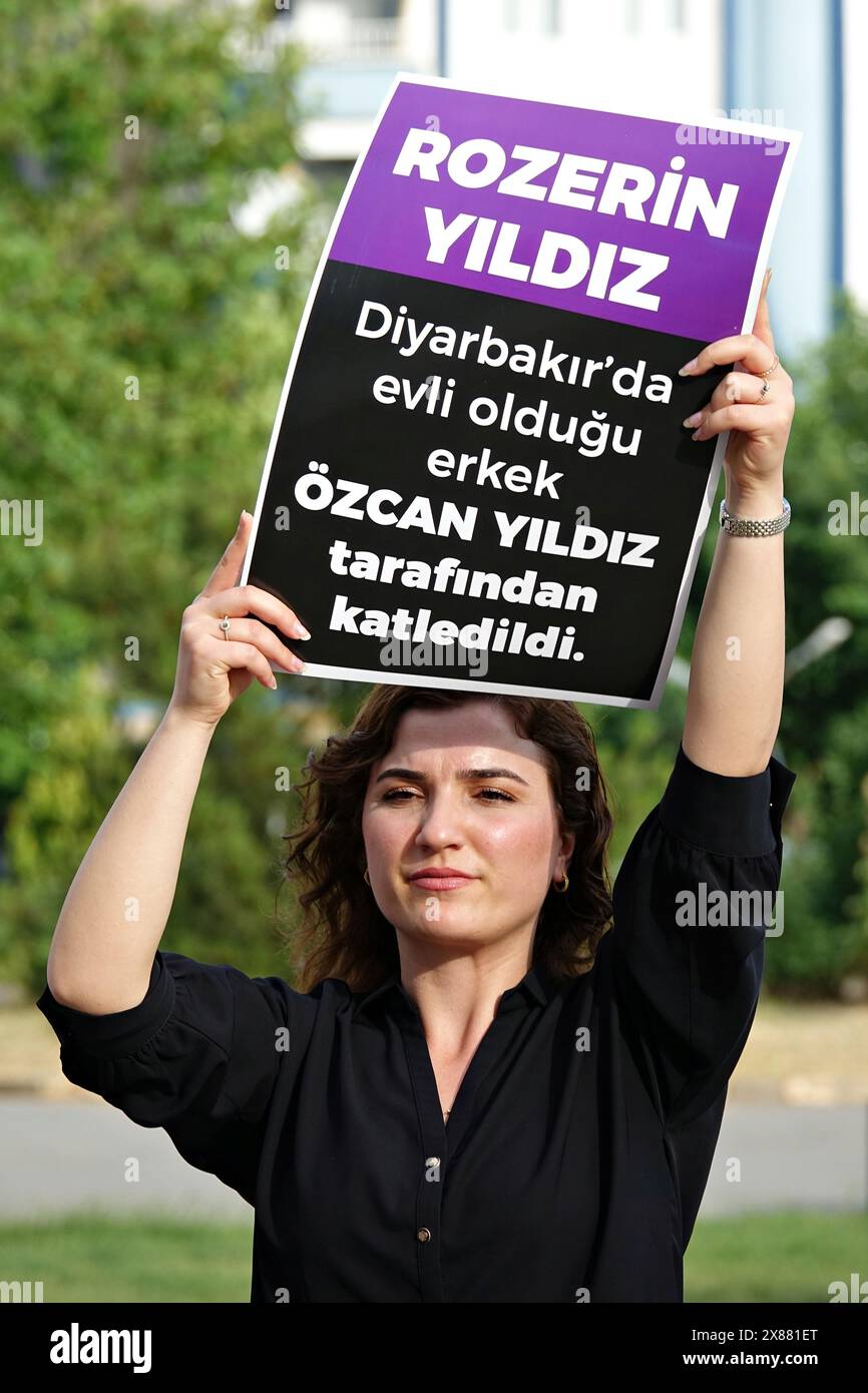 May 23, 2024, Diyarbakir, Turkey: Rosa Women's Association Director Lawyer Berfin Polat is seen holding a placard attending the femicide protest. The 30 murders of women that took place in Turkey in the last few months were protested in an action led by the ''Anti-Violence Network'' and ''Dicle Amed Women's Platform Components'' in Diyarbakir. A group of women, including Diyarbakir Metropolitan Municipality Co-Mayor Serra Bucak, gathered in Roboski Park and condemned the murders by carrying posters with the names and photographs of women who were victims of honor killings. According to the ''W Stock Photo