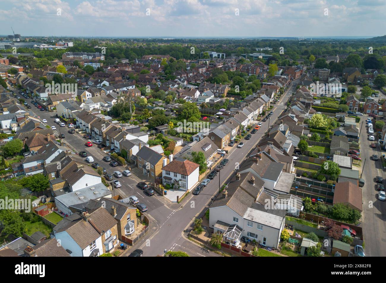 Aerial view of a residential area of Egham (TW20), Surrey, UK. Stock Photo