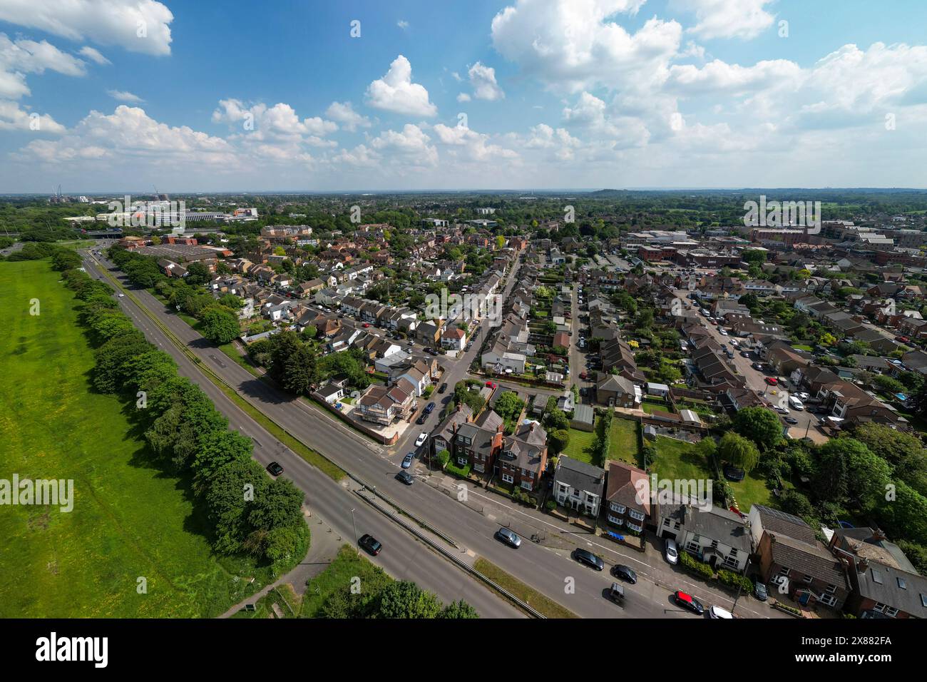 Aerial view of the Egham bypass and a residential area of Egham (TW20), Surrey, UK. Stock Photo