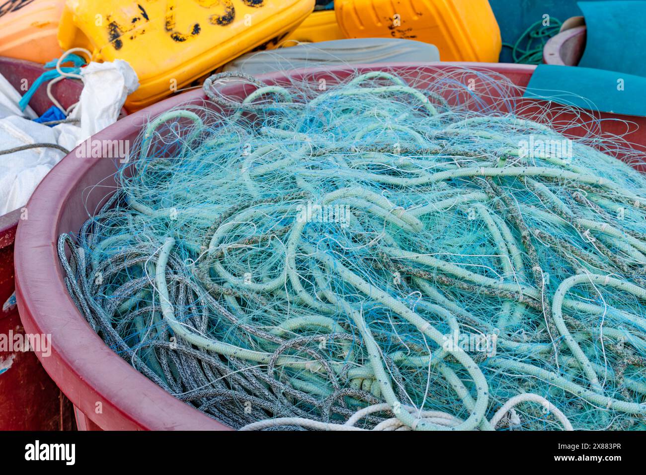 Old fishing nets repaired and prepared for a fishing trip Rovinj Croatia Istria Stock Photo
