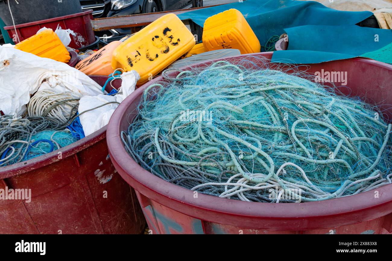 Old fishing nets repaired and prepared for a fishing trip Rovinj Croatia Istria Stock Photo