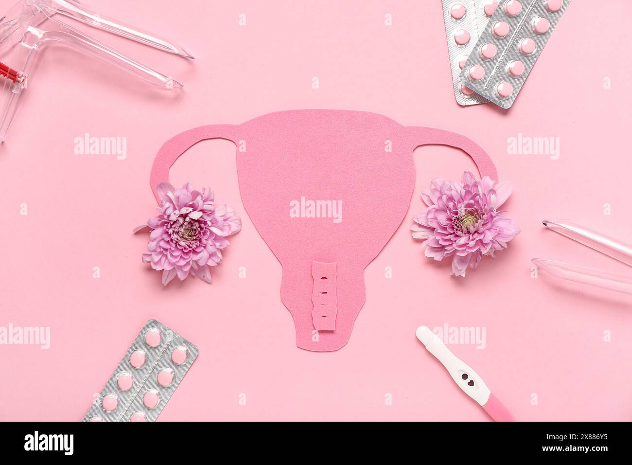 Paper uterus with gynecological speculums, pills, pregnancy test and