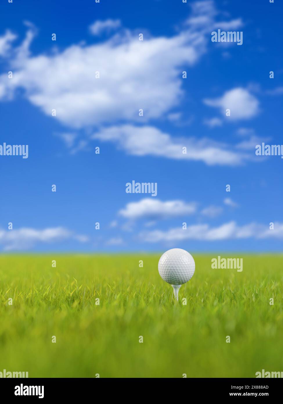 A golf ball on a golf tee on a lawn. Selective focus - very shallow depth of field. Blue sky with clouds background. Stock Photo
