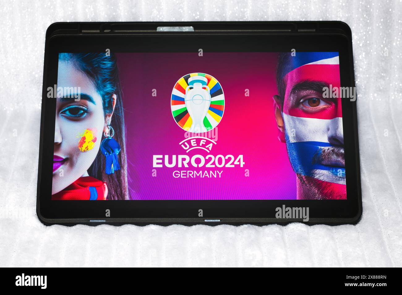 UEFA European Football Championship 2024 wallpaper on a tablet screen Stock Photo
