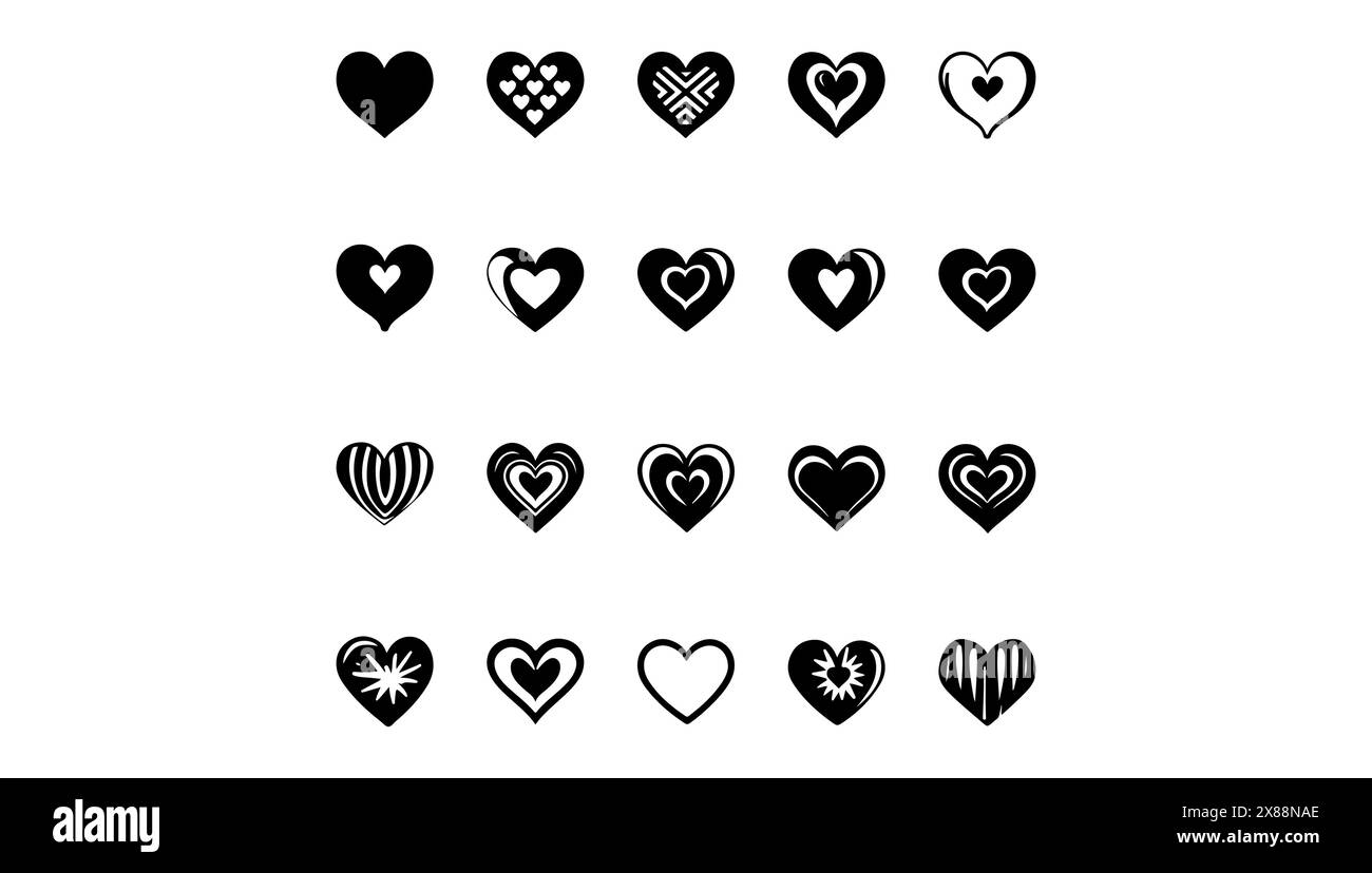 Heart icon black and white vector illustrations collection. Symbol love ...