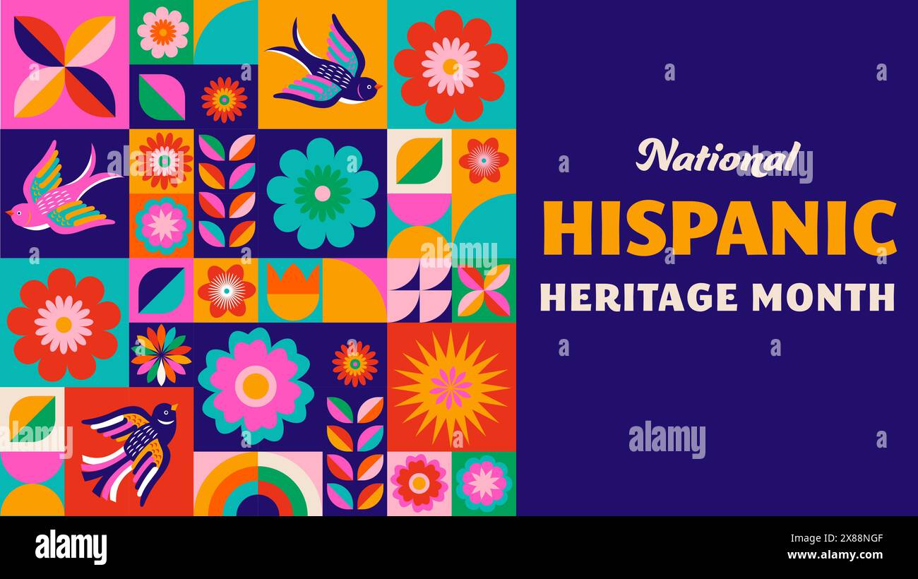 National hispanic heritage month celebration. Background, banner and card with flowers. Geometric colorful concept design floral pattern Stock Vector