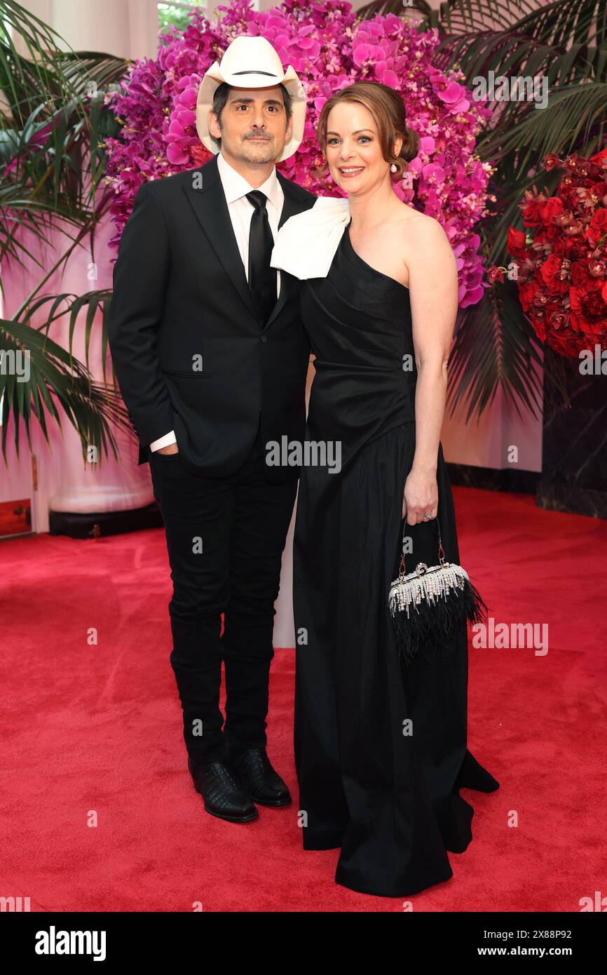 Musician Brad Paisley, left, and Kimberly Williams-Paisley arrive to attend a state dinner in honor of Kenya's president William Ruto hosted by US President Joe Biden and First Lady Jill Biden at the White House in Washington, DC on Thursday, May 23, 2024. An American president is hosting a state visit for an African leader for the first time in 16 years, as the world's biggest economy struggles to build influence on a continent forging closer relations beyond Washington's top competitors China and Russia. Photo by Tierney L. Cross/UPI Stock Photo