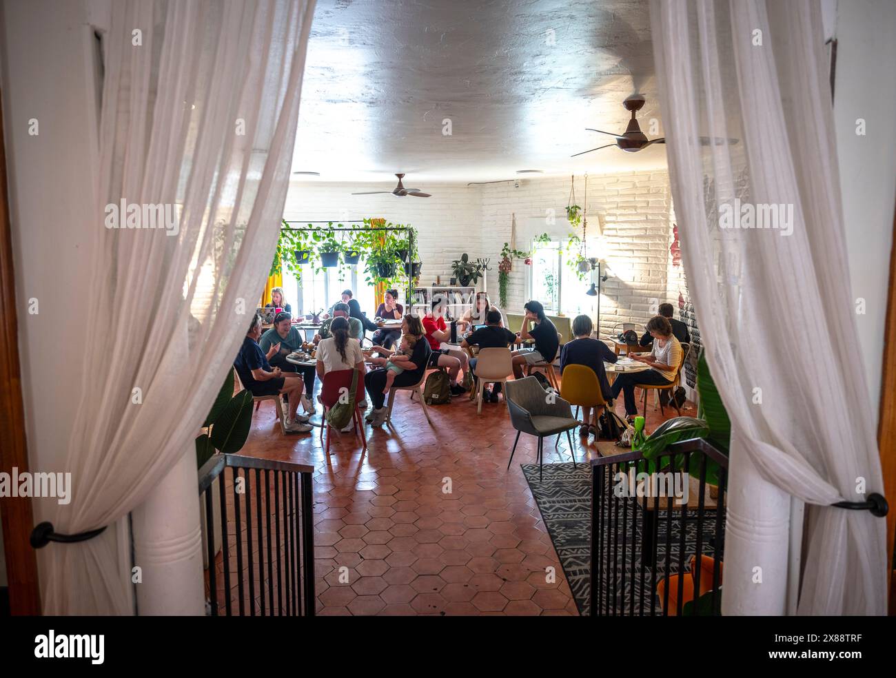 Patrons enjoy coffees and more in the airy and boho chic enviornment of the coffee house, 'Grounded' in Las Cruces, NM, USA Stock Photo
