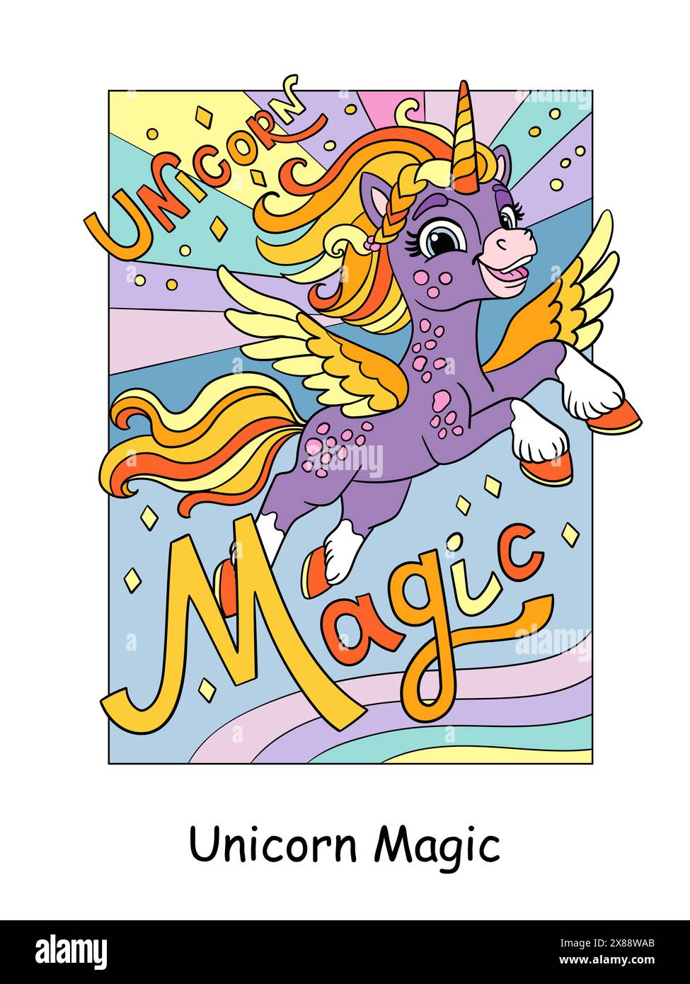 Cartoon joyful flying unicorn in the sky. Color vector illustration isolated on white background. Unicorn magic lettering. For print, stickers, design Stock Vector