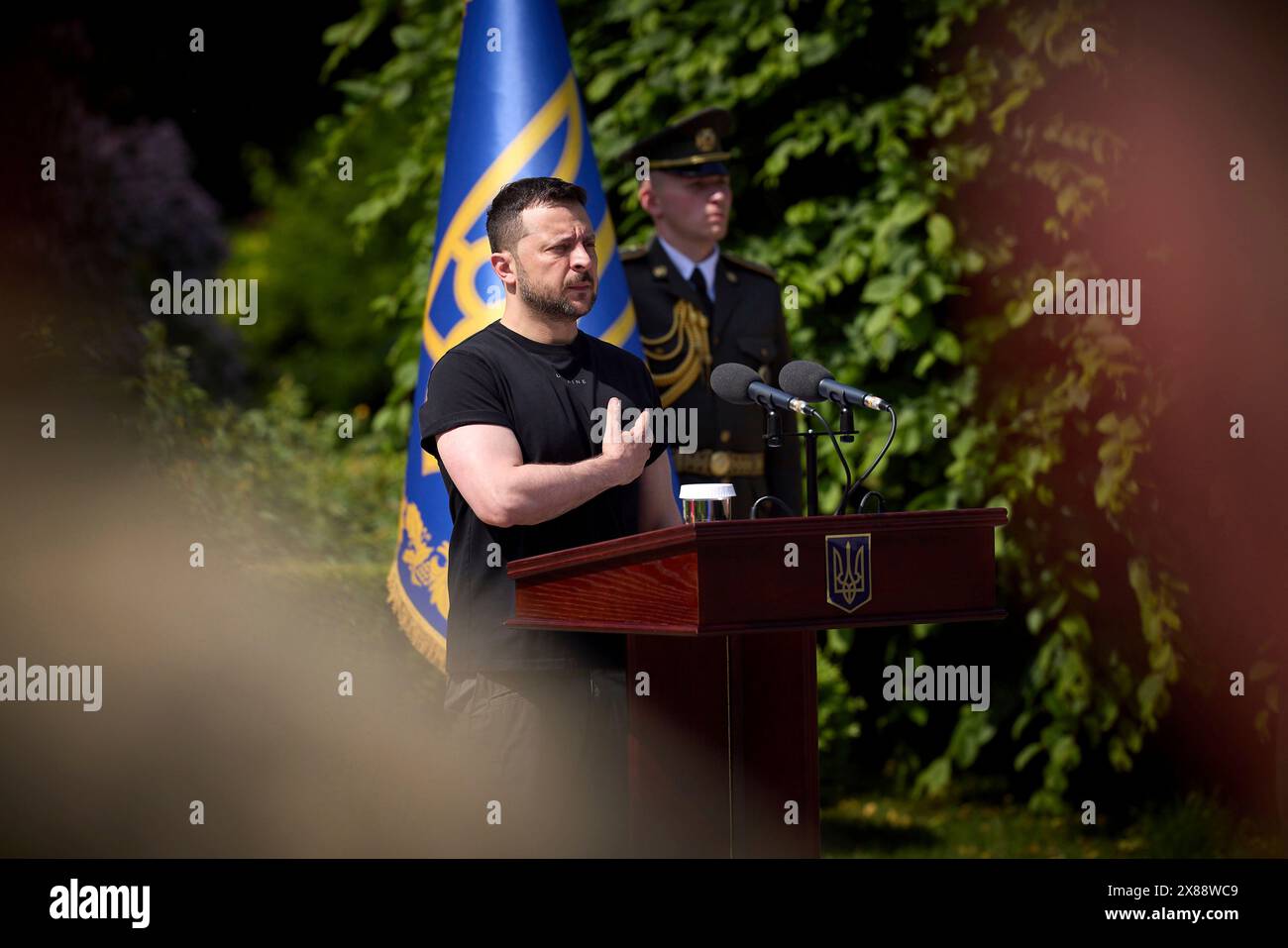 Kiev, Ukraine. 23rd May, 2024. Ukrainian President Volodymyr Zelenskyy stands for the national anthem during a ceremony marking the day of the Marine Corps on Constitutional Square, May 23, 2024, in Kyiv, Ukraine. Credit: Pool Photo/Ukrainian Presidential Press Office/Alamy Live News Stock Photo