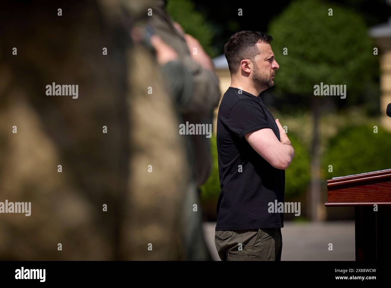 Kiev, Ukraine. 23rd May, 2024. Ukrainian President Volodymyr Zelenskyy stands for the national anthem during a ceremony marking the day of the Marine Corps on Constitutional Square, May 23, 2024, in Kyiv, Ukraine. Credit: Pool Photo/Ukrainian Presidential Press Office/Alamy Live News Stock Photo