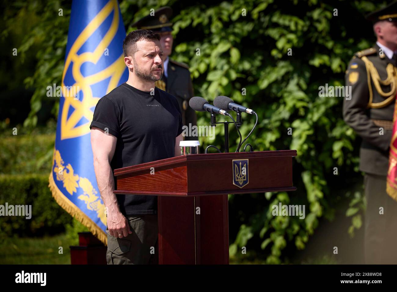 Kiev, Ukraine. 23rd May, 2024. Ukrainian President Volodymyr Zelenskyy stands for a moment of silence during a ceremony marking the day of the Marine Corps on Constitutional Square, May 23, 2024, in Kyiv, Ukraine. Credit: Pool Photo/Ukrainian Presidential Press Office/Alamy Live News Stock Photo