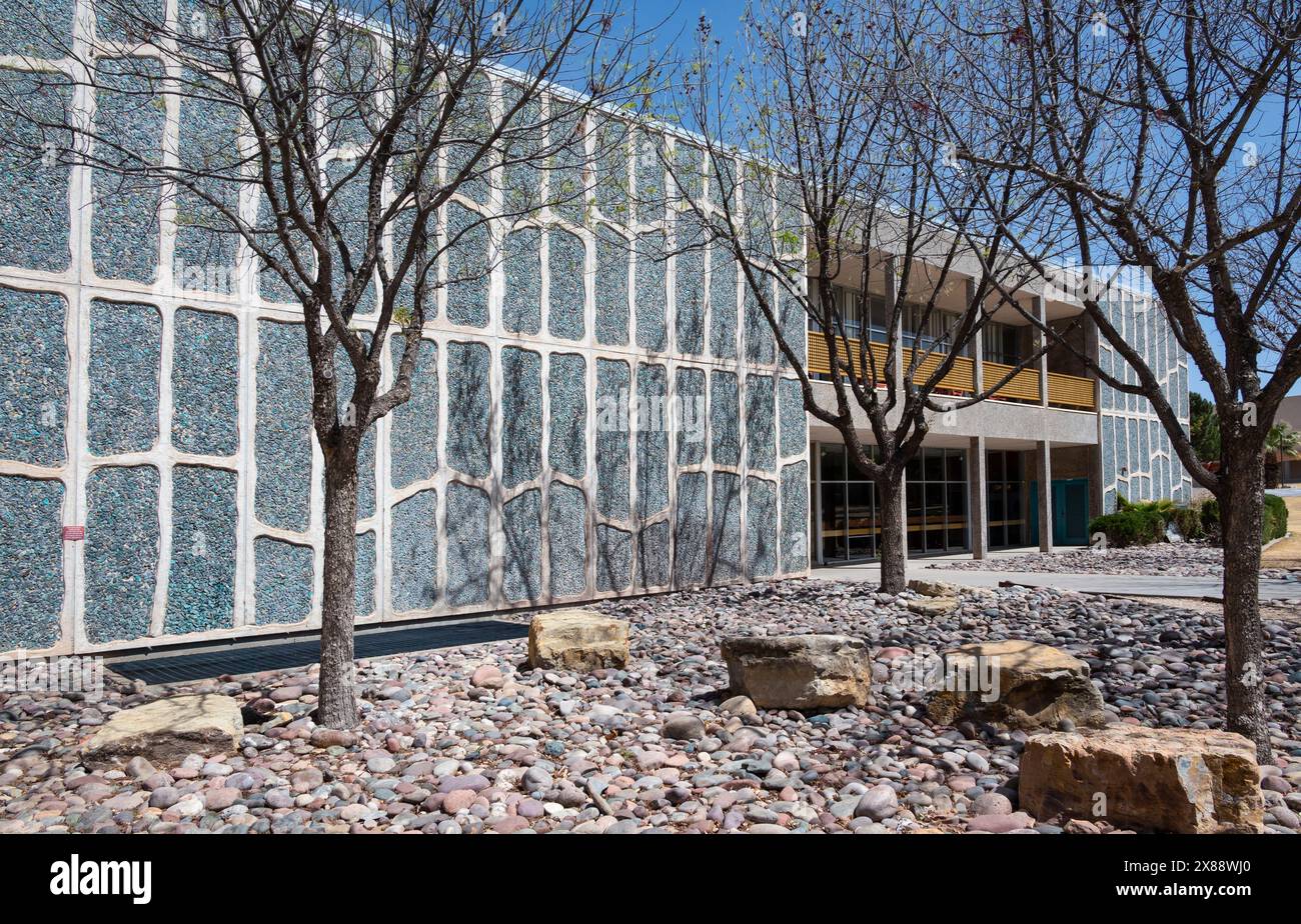 Turquoise stones inlaid on the surface of the building's outer walls at Garcia Hall, on campus at New Mexico State University, Las Cruces, NM, USA Stock Photo