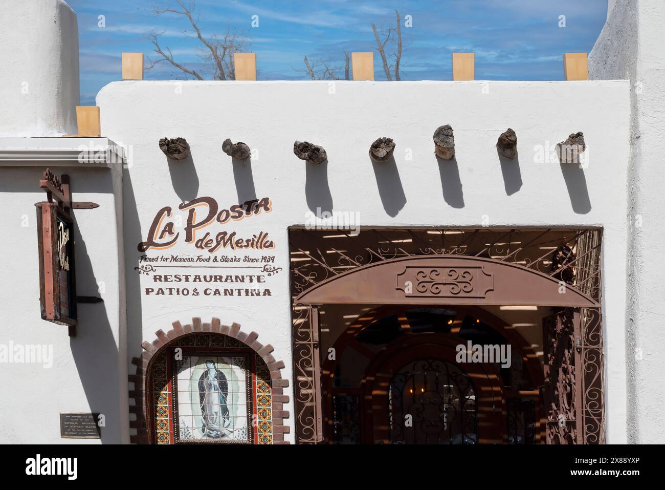 Entrance to La Posta de Mesilla, a landmark restaurant since 1939 with Southwest charm and architecural elements of the culture in Southern New Mexico Stock Photo