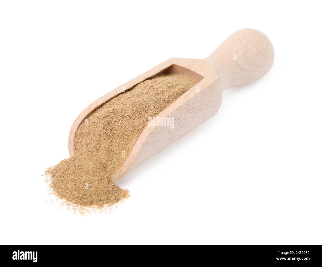 Dietary fiber. Psyllium husk powder in scoop isolated on white Stock