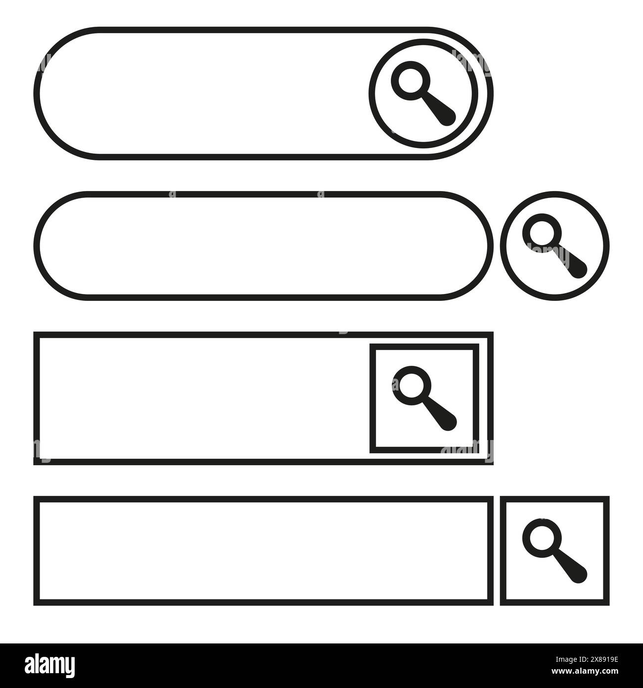 Search bars design set. Magnifying glass icons. Vector web elements. Stock Vector