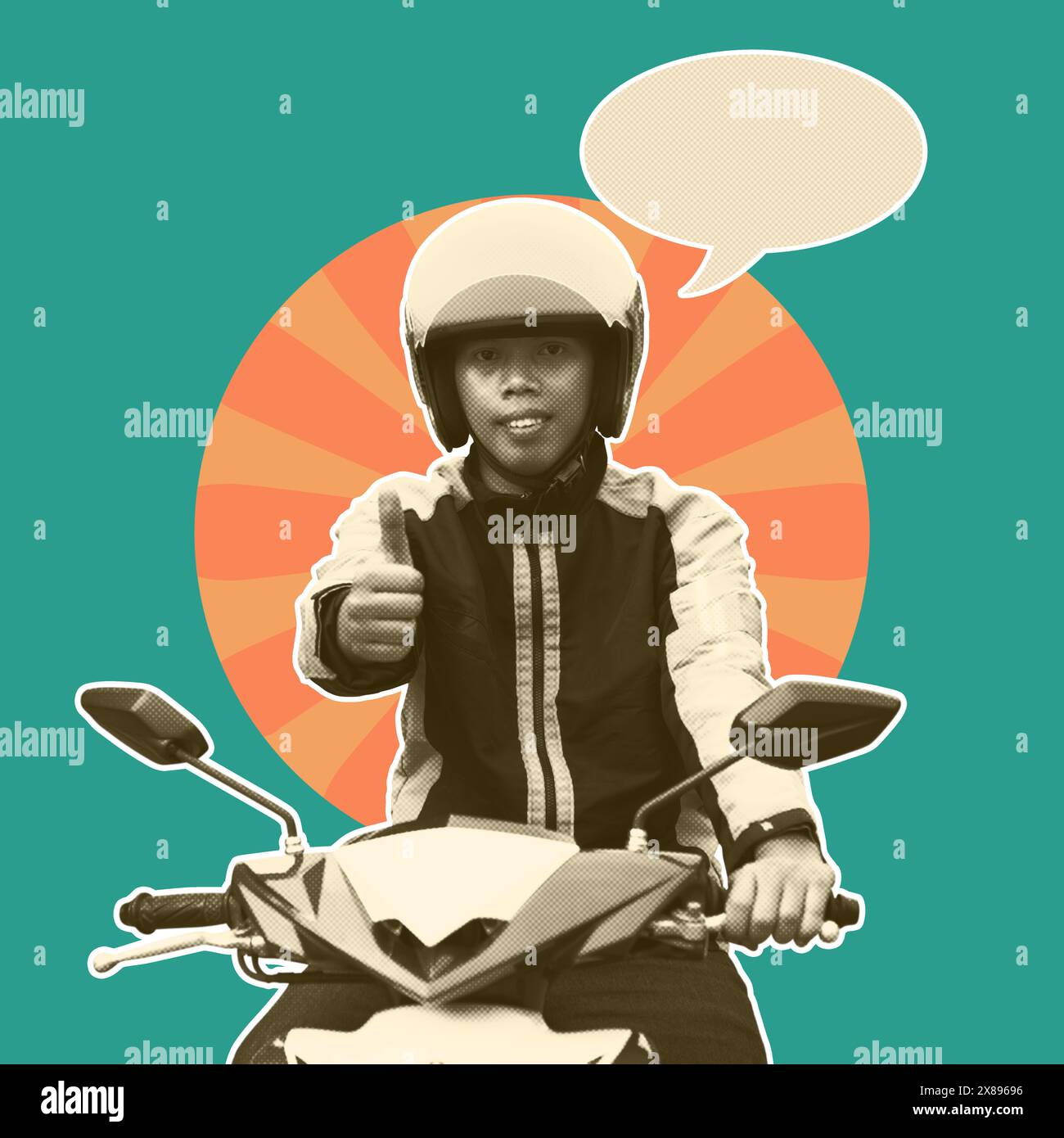 An online motorcycle taxi man gives a thumbs up with a speech bubble on a colored background. Collage art Stock Photo